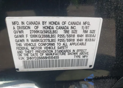 2008 Acura Mdx Sport Package from USA, damaged, VIN 2HNYD28888H515455